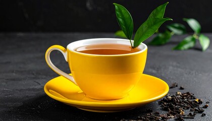 A warm porcelain teacup creates a delightful morning drink