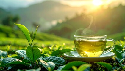 A warm porcelain teacup creates a delightful morning drink