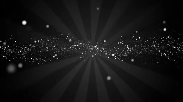 Sparkling particles exploding from center, viewed from front, surrounded by darkness, creating a dynamic effect