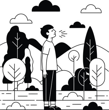 Man stands in a serene landscape with trees blowing air wqe 181