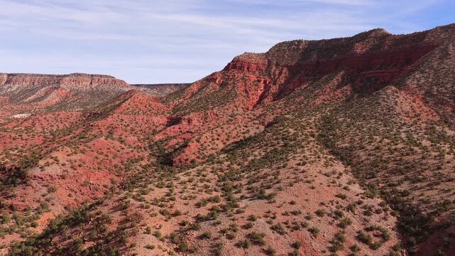 A sweeping drone reveal of massive crimson ridges and natural stone formations. This 4K vista captures the lush vegetation and primeval textures of a remote New Mexico canyon.