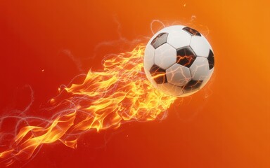 Naklejka premium Dynamic soccer ball in motion soaring through fiery flames and smoke, captured from a side angle against a vivid red‑orange backdrop