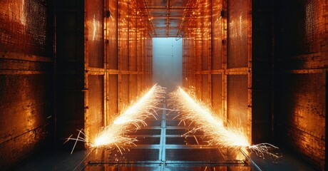 Fototapeta premium Industrial interior. Bright sparks fly from welding work. Dramatic lighting creates strong contrast, tunnel effect. Metallic structure dominates scene.