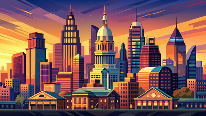 Fototapeta premium Very beautiful Philadelphia downtown skyline glowing at sunset, golden reflections bathing glass towers and historic rooftops, warm evening atmosphere capturing the vibrant urban charm of Pennsylvania