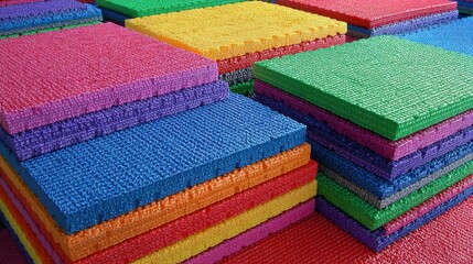 Vibrant interlocking foam mats in a colorful stack for martial arts or play areas