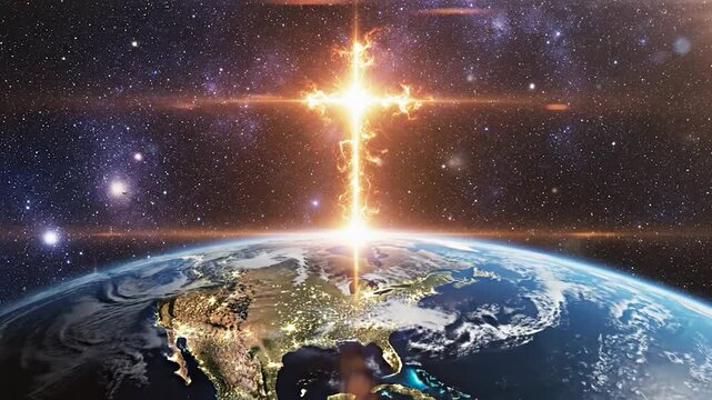 Planet earth from space with glowing spiritual light cross in cosmic background