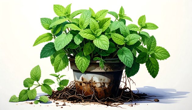 Lush mint plant growing in a pot on a white background, vibrant and fresh