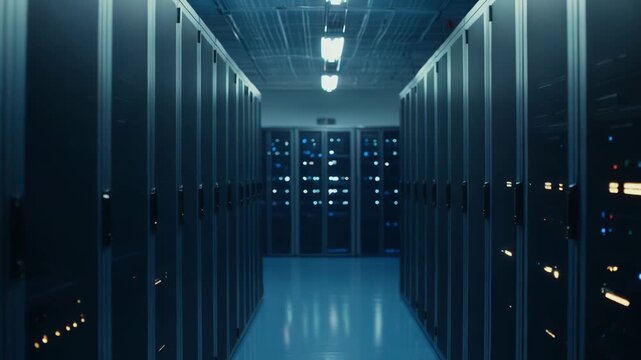 Server room corridor with long rows of powerful racks working and flickering lights, providing essential infrastructure for cloud computing and secure data storage