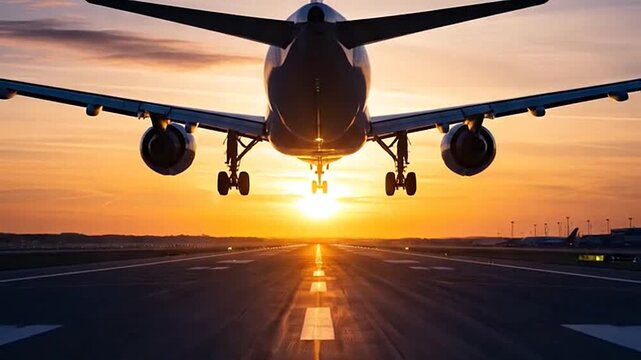 Large passenger airplane landing on a runway during a beautiful sunset