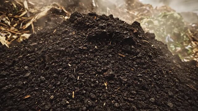 Large pile of rich organic compost material at an advanced composting facility transforming waste into valuable soil amendment