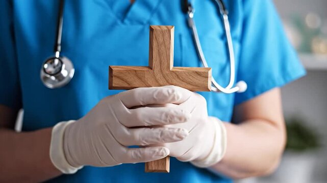 Healthcare professional with gloved hands holding wooden cross symbolizing faith and support in medical care
