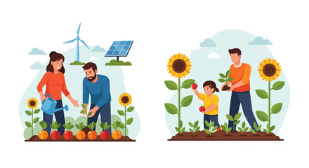 Family Planting Flowers Together Outdoors.