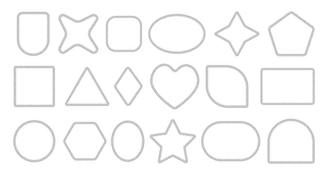 Rope brush frame borders in square and round shape vector illustration set. Nautical vector design with braided rope patterns, perfect for marine-themed decorations and vintage sailor graphics.