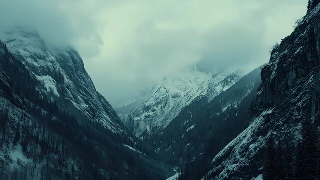 Snow clad mountains and rugged cliffs define a deep valley, with dense forests descending into the cold, foggy wilderness, creating an atmospheric winter landscape
