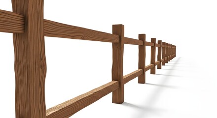 Naklejka premium Long wooden fence stretching into distance on white background for farm and rural property concept rustic timber boundary isolated for ranch security perimeter