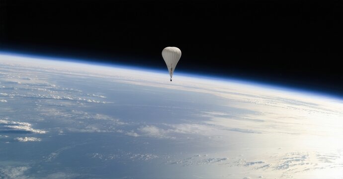 High altitude balloon floats above Earth. Visible curvature, clouds, sunlight create dramatic scene. Space exploration imagery.