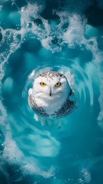 Captivating Snowy Owl with Intense Yellow Eyes Floating in Bright Blue Foamy Water, Wildlife Portrait