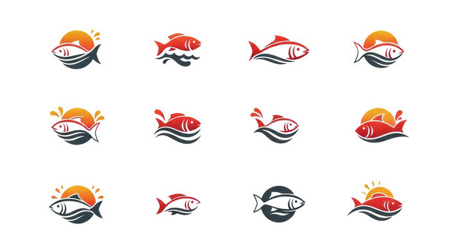Fish logo set. Seafood restaurant emblem design.