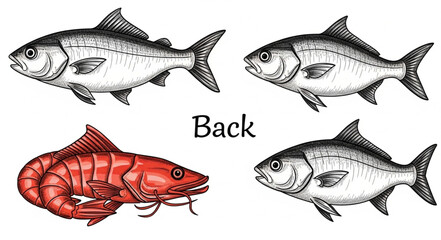 Obraz premium Collection of Seafood Illustrations Including Fish and Shrimp.