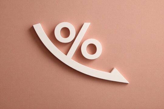 Percent symbol with downward arrow representing decrease, falling interest rate, negative financial trend and economic decline.