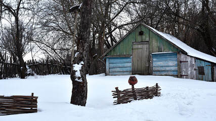 Ukrainian village house, surrounded by trees in the garden and greenery. A glimpse into traditional...