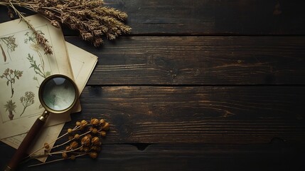 Vintage Botanist Workspace Flat Lay with Dark Wood Copy Space