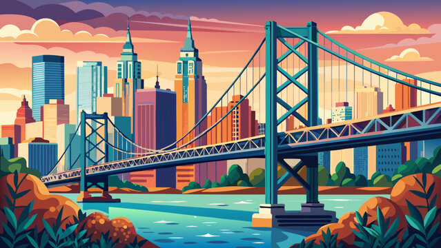 Very beautiful stylized Benjamin Franklin Bridge stretching across the Delaware River, bold suspension cables framing the Philadelphia skyline in a modern urban design composition inspired by iconic A