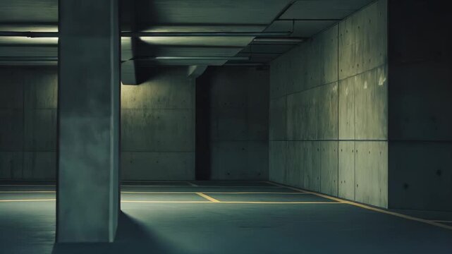 Empty, dimly lit concrete parking garage featuring stark industrial architecture, casting dramatic shadows and highlighting the minimalist, liminal space