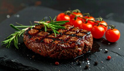 Grilled beef steak with tomatoes and rosemary on a slate board for a gourmet presentation.