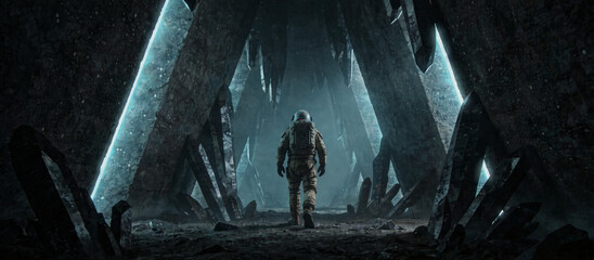 A lone astronaut exploring a dark, jagged crystalline cave with gritty noise texture and high-grain teal and black finish. Moody volumetric lighting creates atmospheric cinematic composition as sharp 