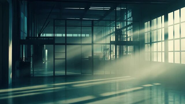 Empty industrial warehouse interior with large window panes and sunbeams casting dramatic shadows on the polished concrete floor, evoking minimal, modern architectural potential