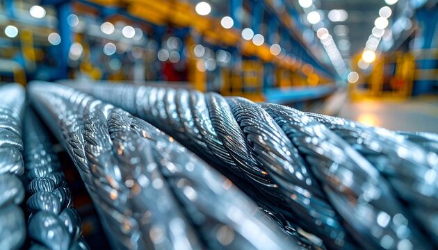 Industrial Strength Steel Cable Close Up Manufacturing Process Heavy Duty Construction Strong Materials.