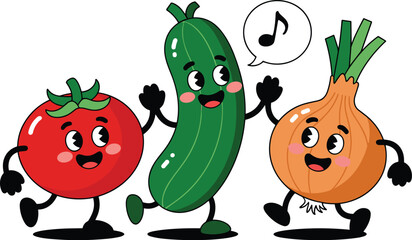 Cheerful Dancing Tomato, Cucumber, and Onion Cartoon Characters, Concept of Playful Nutrition, Healthy Food Advocacy, Youthful Wellness, and Joyful Balanced Eating Vector Illustration © Kamal