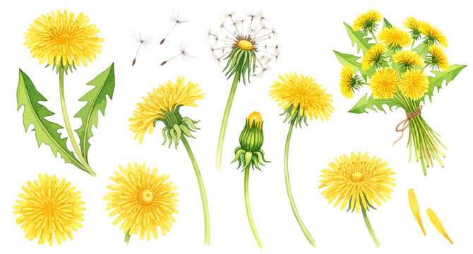 たんぽぽのイラストパーツセット（花・綿毛・種・花束・蕾）,春の花,野花,ボタニカル