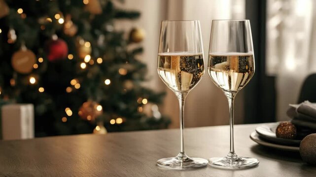 Champagne flutes on a Christmas table setting, suggesting a celebration or romantic occasion.