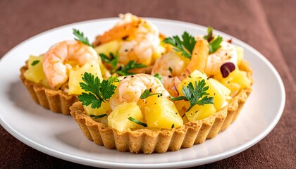 Exquisite Shrimp and Pineapple Tartlets on White Plate Culinary Presentation Sophisticated Appetizer Food Photography.