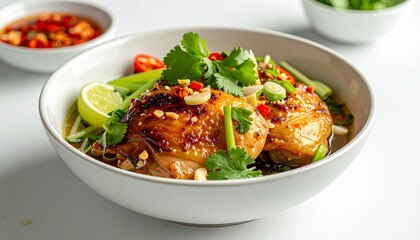Fototapeta premium Delicious Chicken Thighs with Asian Inspired Garnish and Sauce for Culinary Photography in a White Bowl.