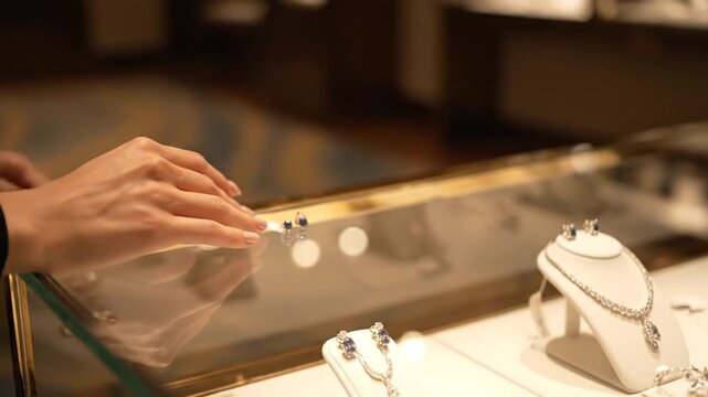 Woman Hand Browsing Luxury Jewelry Display.
