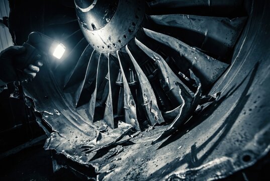 Flashlight illuminating damaged jet engine turbine blades