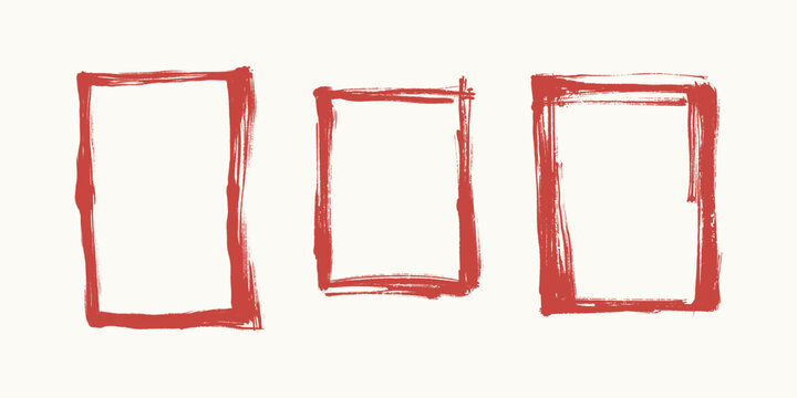 Set of three hand drawn brush stroke square frames isolated background, minimalist grunge vector design elements.