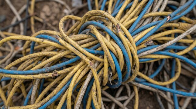 Tangled damaged electrical cables with exposed copper