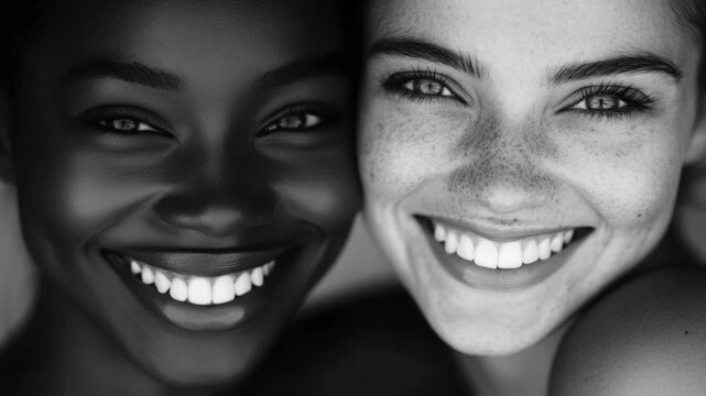 Beautiful, happy young women in black and white videograph.