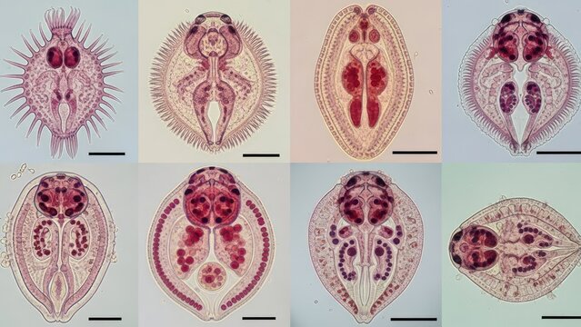 Microscopic world revealed eight diverse trematode parasite specimens showcasing complex