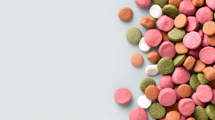 Obraz premium Colorful dry pet food kibble scattered on light background, featuring pink, green, white, and brown round pieces in minimal style close up collection