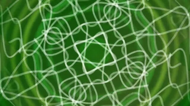 Abstract green background with glowing white tangled lines forming a complex, dynamic, and intricate pattern.