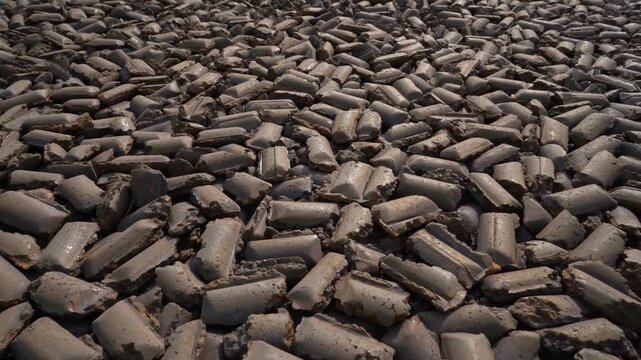 Processed iron ore briquettes in an industrial facility