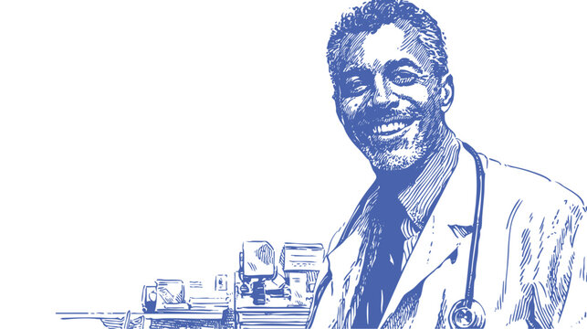 Senior doctor laboratory scientist portrait medical vector. Vector pencil sketch style of mature physician near equipment. Banner for research center, science healthcare content.