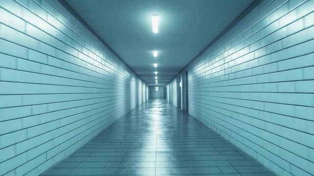 Empty tiled hallway creating a strong sense of perspective and symmetry with bright overhead lights illuminating the path, suggesting themes of journey, mystery, and an unknown future