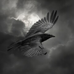 Fototapeta premium A powerful raven soars through the dark clouds as the glowing full moon illuminates the dramatic night sky, creating a mysterious and captivating atmosphere.