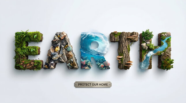 Showcasing Earth Word Sculpture of Moss, Rocks, River, Tree and Wave in Natural 3D Typography on White Background